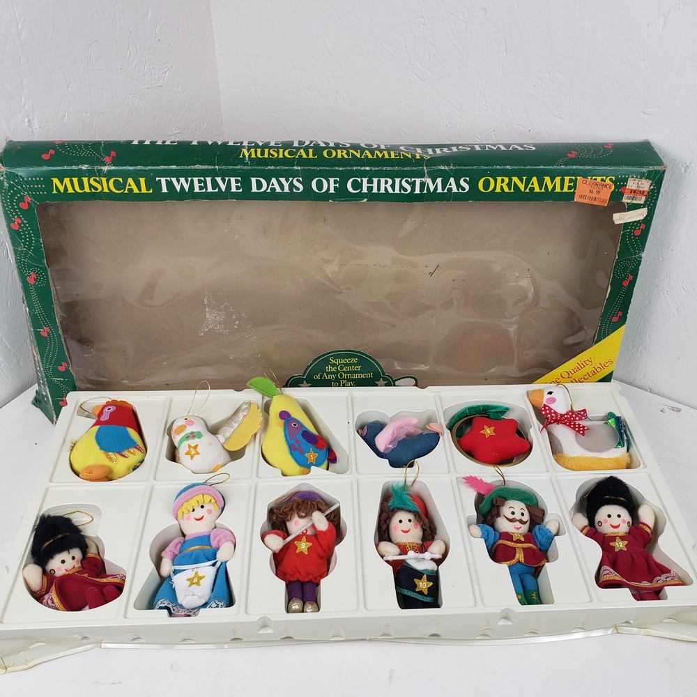 Vintage 12 Days of Christmas Musical Plush Felt Ornaments Set